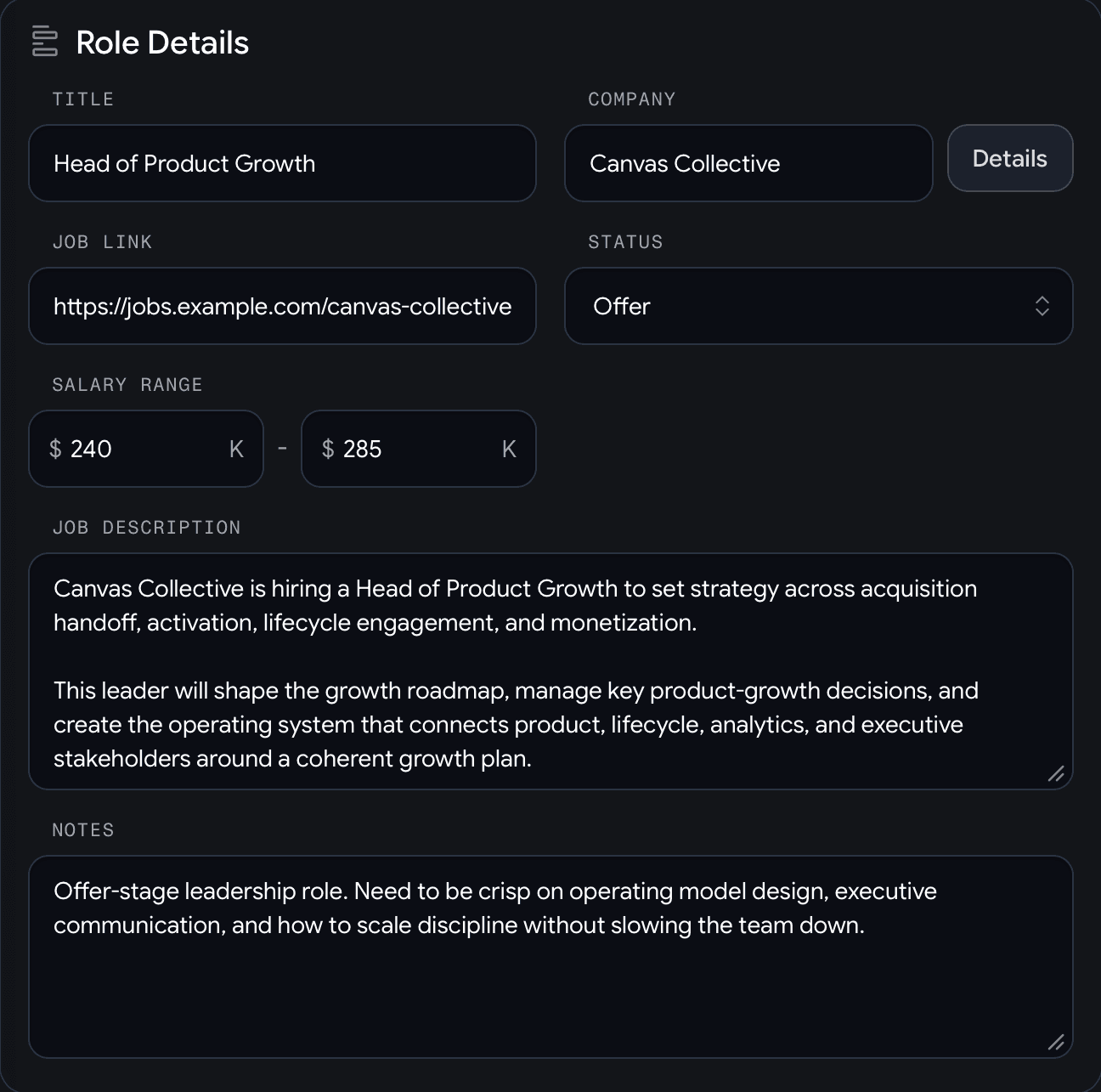Role details screen